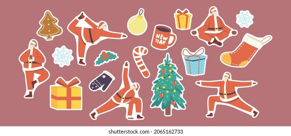 Set of Stickers Santa Claus Doing Yoga Poses. Christmas Character Meditate and Relax at Xmas Tree. Winter Holiday Sport, Healthy Santa Warrior, Tree, Angle Asana Postures. Cartoon Vector Illustration