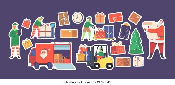 Set of Stickers Santa Claus and Elves Loading Gifts in Truck, Christmas Characters Reading List and Load Boxes in Warehouse. Presents Delivery Service. Cartoon Vector Illustration, Patches Pack