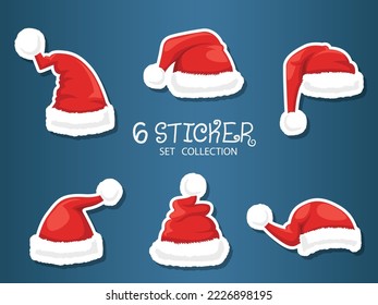 Set Of Stickers Santa Claus Hats. Symbol of happy new year. Christmas celebration, winter. Vector card flat design. Vector illustration. New Years and Christmas