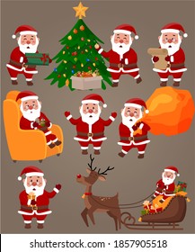 Un conjunto de stickers con Santa Claus. Varias poses, Sant está decorando un árbol de Navidad, comiendo en trineos, regalos plegables, tomando té en una silla.