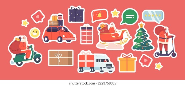 Set of Stickers Santa Deliver Gifts on Different Transport Modes. Noel Character Drive by Scooter, Moped, Car, Sled or Truck, Christmas Present for Children. Cartoon Vector Illustration, Patches Pack