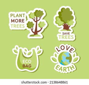 A set of stickers for saving and planting trees. Eco friendly, environmental protection. Isolated elements. Cartoon, flat style.