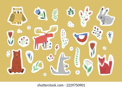 Set of stickers in Scandinavian style. Animals: owl, fox, wolf, hare, bear and flowers. Great for kids crafts, scrapbooking, merch, kids activities.