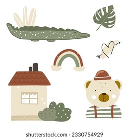 Set of stickers in scandinavian style. Vector illustration rainbow, crocodile, monstera leaf, cottage, heart, clown bear on white background for print, poster, postcard