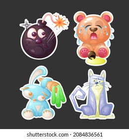 Conjunto de stickers. Bomba de miedo, oso llorando, conejo con zanahoria, gato triste.