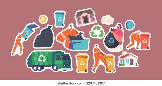 Set of Stickers Scavengers in Uniform Collect Litter to Truck, Woman with Garbage Sack, Recycling Bins, House. Rubbish and Waste Recycling, City Cleaning Service Employees. Cartoon Vector Patches