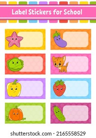 Ponga pegatinas en la escuela. Plantilla vacía. Etiquetas de nombres, etiquetas de regalo. Perfecto para carpetas, diarios, cuadernos, bolsas de almuerzo, cajas de lápiz. Etiqueta rectangular. Ilustración aislada del vector de color.