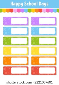 Set stickers for school. Empty template. Name tags, gift labels. Perfect for folders, daily journals, notebooks, lunch bags, pencil boxes. Rectangular label. Color vector isolated illustration.