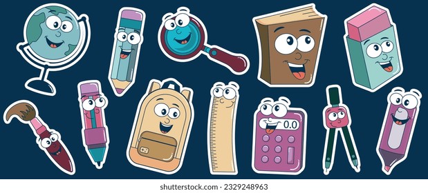 A set of stickers from school subjects. Funny retro cartoon-style characters. Globe, backpack, pen, pencil, calculator, book, marker, ruler, magnifying glass.Vector illustration.