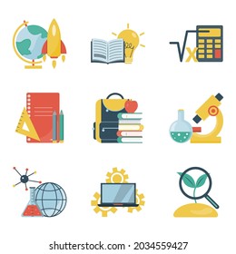 Set of stickers school supplies . Back to school.  Calculator, books, laboratory flask, notebook, microscope, ruler, rocket, malecules, backpack, laptop, apple, globe, watercolor.Vector illustration.
