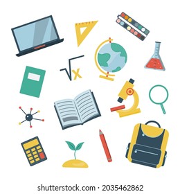 Set of stickers school supplies . Back to school. Calculator, book, laboratory flask, notebook, microscope, ruler, laptop, backpack, globe, watercolor. Vector illustration.
