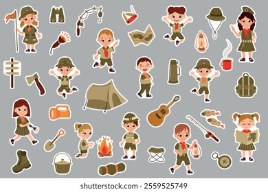 A set of stickers with scouts. Cheerful boy and girl scouts in different poses.	