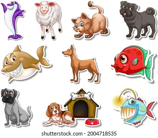 Set of stickers with sea animals and dogs cartoon character illustration