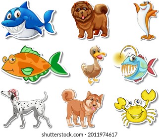 Set of stickers with sea animals and dogs cartoon character illustration