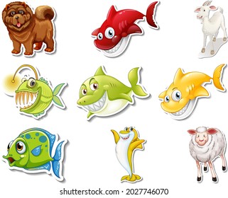 Set of stickers with sea animals and dogs cartoon character illustration