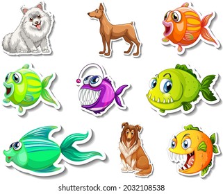 Set of stickers with sea animals and dogs cartoon character illustration