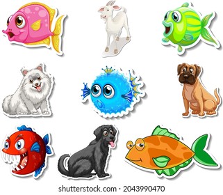Set of stickers with sea animals and dogs cartoon character illustration