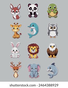 Set of stickers with sea animals and dogs cartoon character