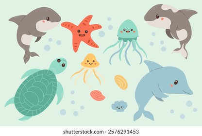 a set of stickers with sea animals: a dolphin, a turtle, a whale and a starfish