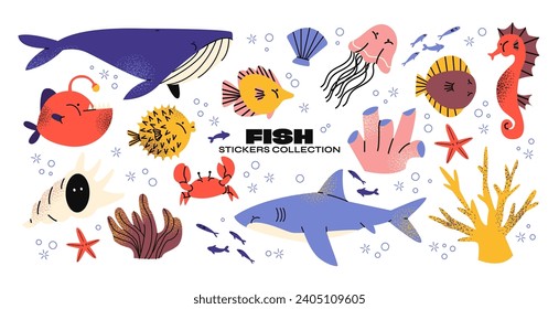 Set stickers with sea animals fish. Cartoon underwater set. Sea plants, whale, shark. Retro groovy design elements