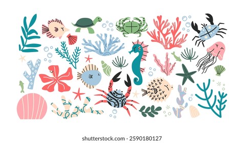 Set stickers with sea animals fish and corals. Cartoon underwater set. Ocean plants, whale, shark. Retro doodle groovy design