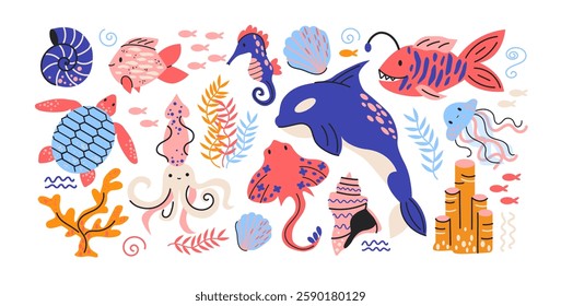 Set stickers with sea animals fish and corals. Cartoon underwater set. Ocean plants, whale, shark. Retro doodle groovy design