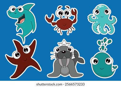 Set of stickers Sea animals, octopus, star, crab, shark, crocodile, whale, vector illustration