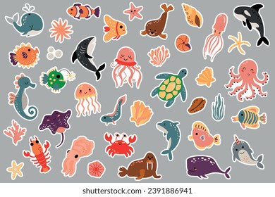 A set of stickers with sea creatures. Undersea world.