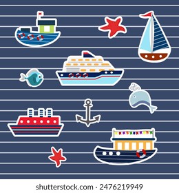 Set of stickers of sea ships and boats. Marine inhabitants - fish, whales and starfish. For diaries and planners, scrapbooking.. Vector illustration