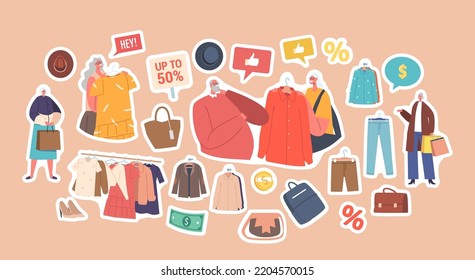 Set of Stickers Senior People Choosing Fashioned Dress in Store, Aged Man and Woman Buying Garment, Hanger with Clothes. Old Characters Shopping Spare Time, Hobby. Cartoon Vector Illustration, Patches