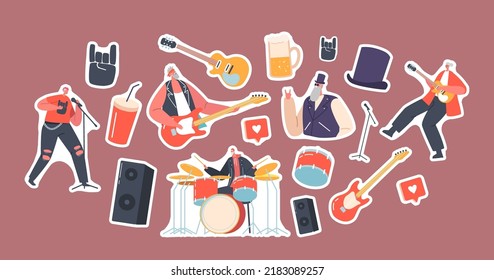 Set of Stickers Seniors Rock Band, Pensioners Performing Music with Electric Guitars and Drum, Old Artists Characters in Rocking Outfit with Musical Instruments. Cartoon People Vector Illustration