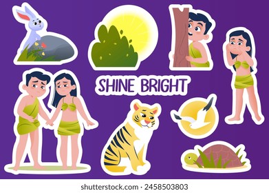 Set of stickers Shine bright in flat cartoon design. This illustration shows the sadness and disappointment that Adam and Eve felt after committing the first sin. Vector illustration.