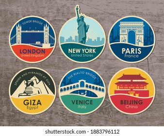 Set of stickers with the sights of the capitals of various countries. Vector illustration on the theme of travel with round emblems on a wooden background. UK, USA, France, Egypt, Italy, China