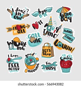 Set of stickers and signs for everyday communication. Vector illustrations for social network, website design, mobile messages, social media, online communication, cards and printed material, app. 