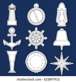 Set of stickers simple nautical line art symbols on blue background vector illustration