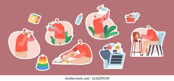 Set of Stickers Single Father on Maternity Leave Care of Child. Dad Feeding, Cooking, Playing and Fun with Newborn Daughter or Son, Happy Family Characters. Cartoon People Vector Illustration, Patches