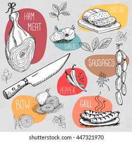 Set of stickers in sketch style, food and spices, old paper textured background. Ham, meat, knife, dill, onion, sausages, garlic, pepper, bay leaf. Hand drawn vector illustration.