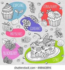 Set of stickers in sketch style, food and spices, old paper textured background. Set with desserts: cake, cupcake, berries, currants, cream. Hand drawn vector illustration.