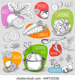 Set of stickers in sketch style, food and spices, old paper textured background. Cooking Pot, soup, spoon, mushrooms, beet, pepper, cabbage, onion, carrot. Hand drawn vector illustration.