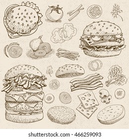 Set of stickers in sketch style, food and spices, old paper textured background. Fast food. Hamburger, ingredient, mushrooms, tomato, onion, bacon, cheese, salad.