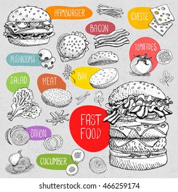 Set of stickers in sketch style, food and spices, old paper textured background. Fast food. Hamburger, ingredient, mushrooms, tomato, onion, bacon, cheese, salad.