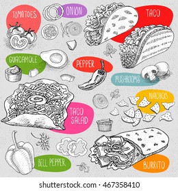 Set of stickers in sketch style, food and spices, old paper textured background. Fast food. Mexican food. Taco, burrito, ingredients, mushrooms, tomato, pepper, onion, salad.
