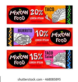 Set of stickers in sketch style, food and spices, old paper textured background. Fast food. Mexican food. Banners, Taco, burrito, ingredients, mushrooms, guacamole, tomato, pepper, onion, salad.