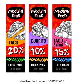 Set of stickers in sketch style, food and spices, old paper textured background. Fast food. Mexican food. Banners, Taco, burrito, ingredients, mushrooms, guacamole, tomato, pepper, onion, salad.