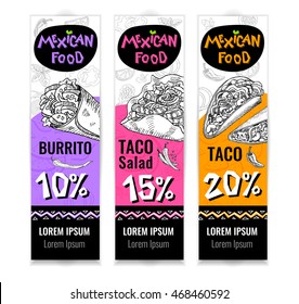 Set of stickers in sketch style, food and spices, old paper textured background. Fast food. Mexican food. Banners, Taco, burrito, ingredients, mushrooms, tomato, pepper, onion, salad.