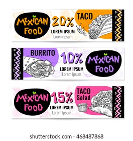 Set of stickers in sketch style, food and spices, old paper textured background. Fast food. Mexican food. Banners, Taco, burrito, ingredients, mushrooms, tomato, pepper, onion, salad.