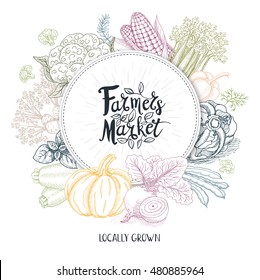 Set of stickers in sketch style, food and spices. Farmer Market logo, lettering, calligraphy, leaf, vegetables. Hand drawn vector illustration.