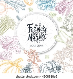 Set of stickers in sketch style, food and spices. Farmer Market logo, lettering, calligraphy, leaf. Hand drawn vector illustration.