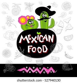 Set of stickers in sketch style, food and spices. Fast food. Mexican food logo. Ingredients, nachos, cactus, flower, hat, guacamole, tomato, pepper, onion, salad, red.