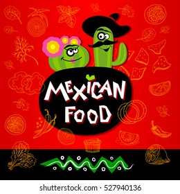 Set of stickers in sketch style, food and spices. Fast food. Mexican food logo. Ingredients, nachos, cactus, flower, hat, guacamole, tomato, pepper, onion, salad, red.